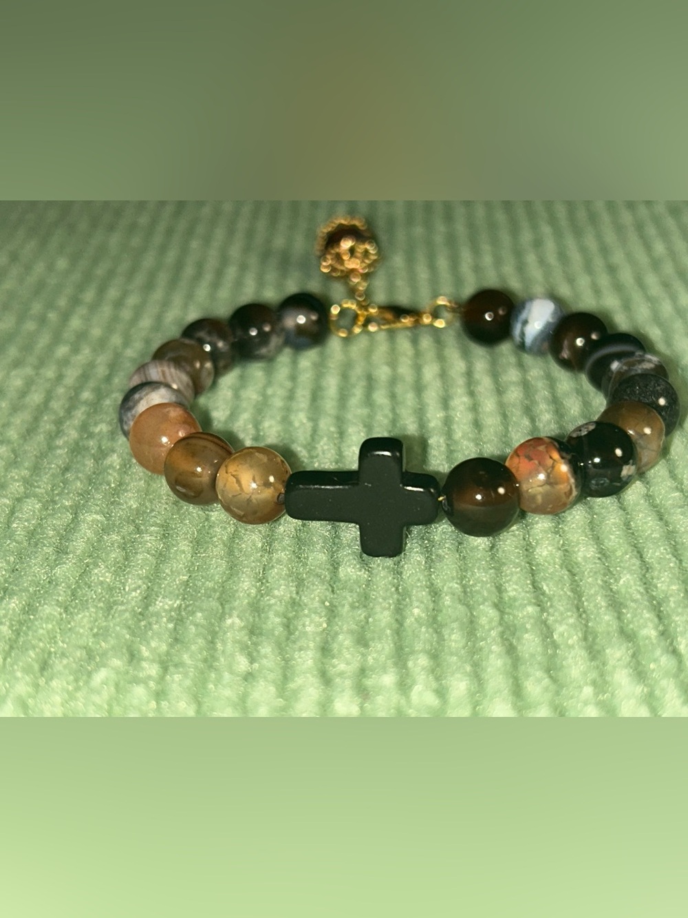 Brown Agate Bracelet with Black Cross